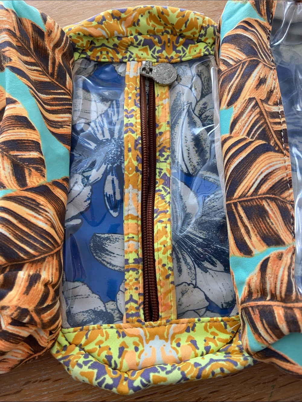 Maaji Tropical Leaf Print Cosmetic Bag - Aqua & Brown - Picture 6 of 7